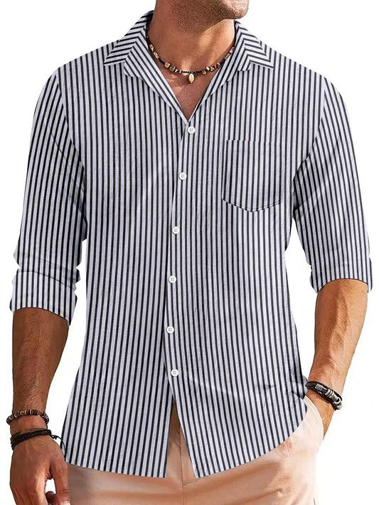 Men’s Button-Down Shirt – Cotton Blend – Regular Fit – Striped Long Sleeve Casual