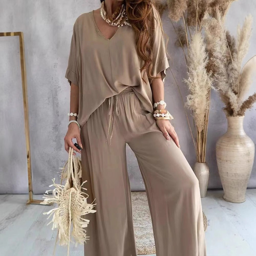 Women’s Two-Piece Set – V-Neck T-Shirt – Loose Fit – Cotton Linen – 3/4 Sleeve Casual Top