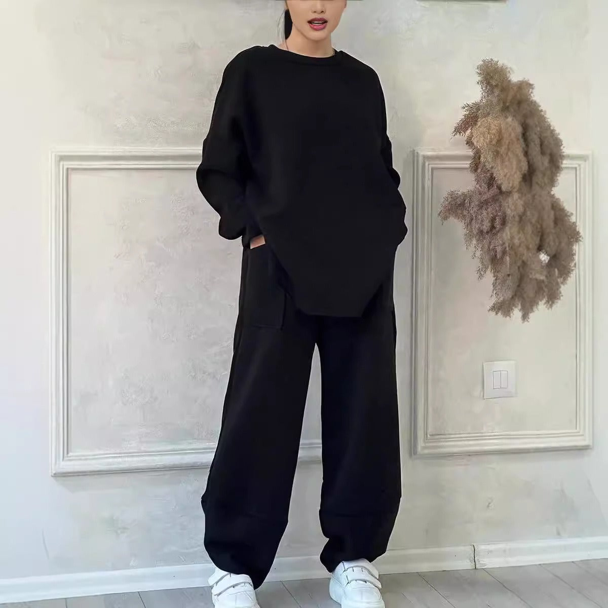 Women’s Lounge Set – Cotton Blend – Oversized Fit – Crew Neck – Wide Leg Pants