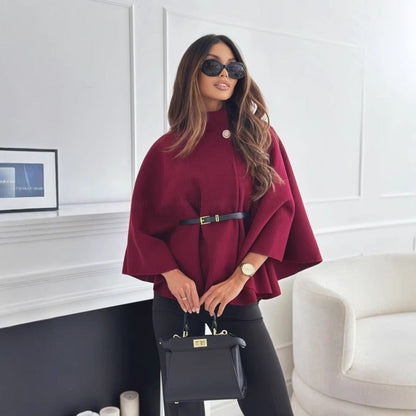 Women’s Cape Coat – Tailored Fit – Wool Blend – High Neck – Belted Waist Elegant Style
