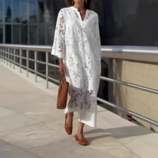 Women’s Lace Dress – Relaxed Fit – V-Neck – Long Sleeve – Full Length Elegant Style