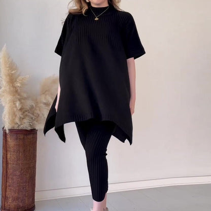 Women’s Two-Piece Knit Set – Oversized Tunic Top with Mock Neck – Ribbed Cropped Pants