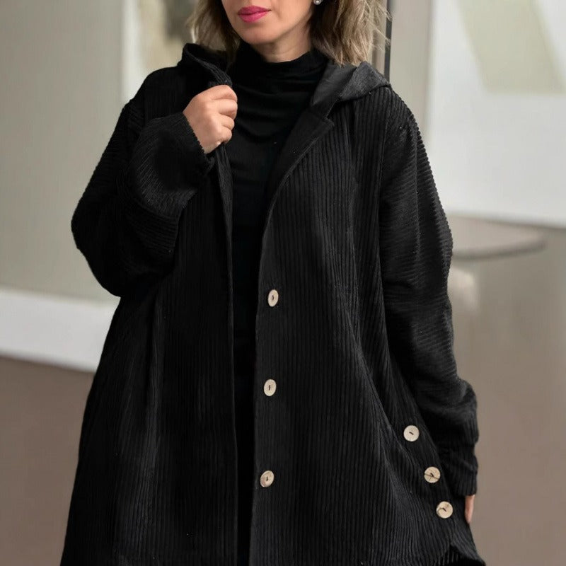 Women’s Casual Jacket – Corduroy Textured – Loose Fit – Hooded Mid-Thigh Length