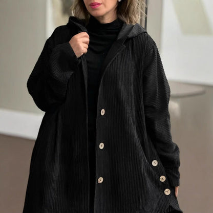 Women’s Casual Jacket – Corduroy Textured – Loose Fit – Hooded Mid-Thigh Length