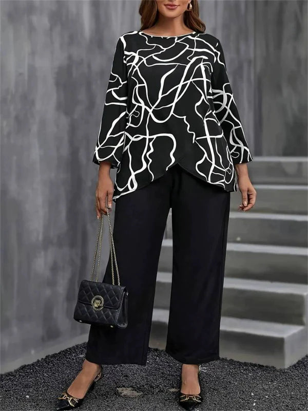 Women’s Two-Piece Set – Relaxed Fit Long Sleeve Top – Wide-Leg Pants – Abstract Print