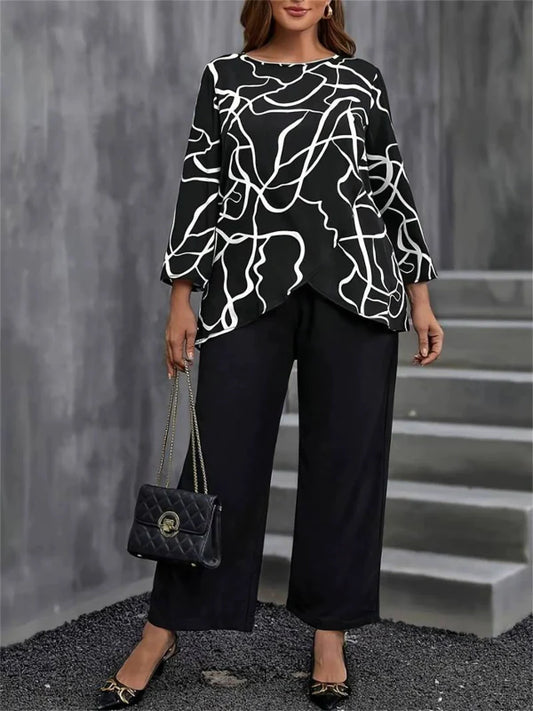 Women’s Two-Piece Set – Relaxed Fit Long Sleeve Top – Wide-Leg Pants – Abstract Print