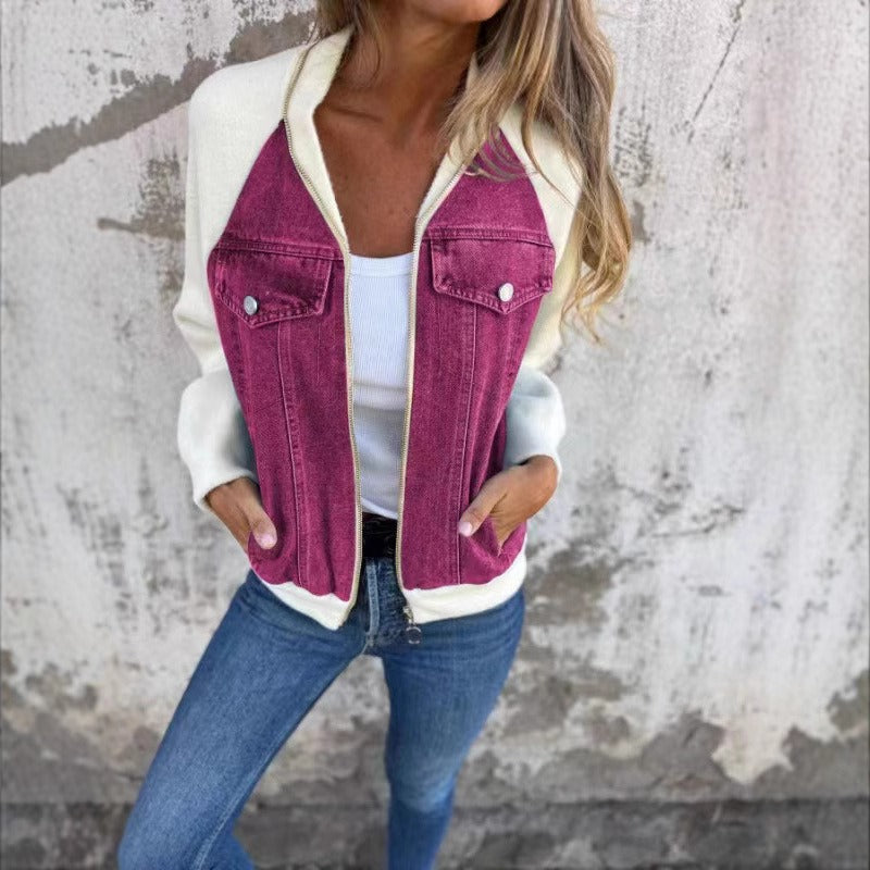 Women’s Denim Jacket – Relaxed Fit – Patchwork Design – Long Sleeve Casual Layer