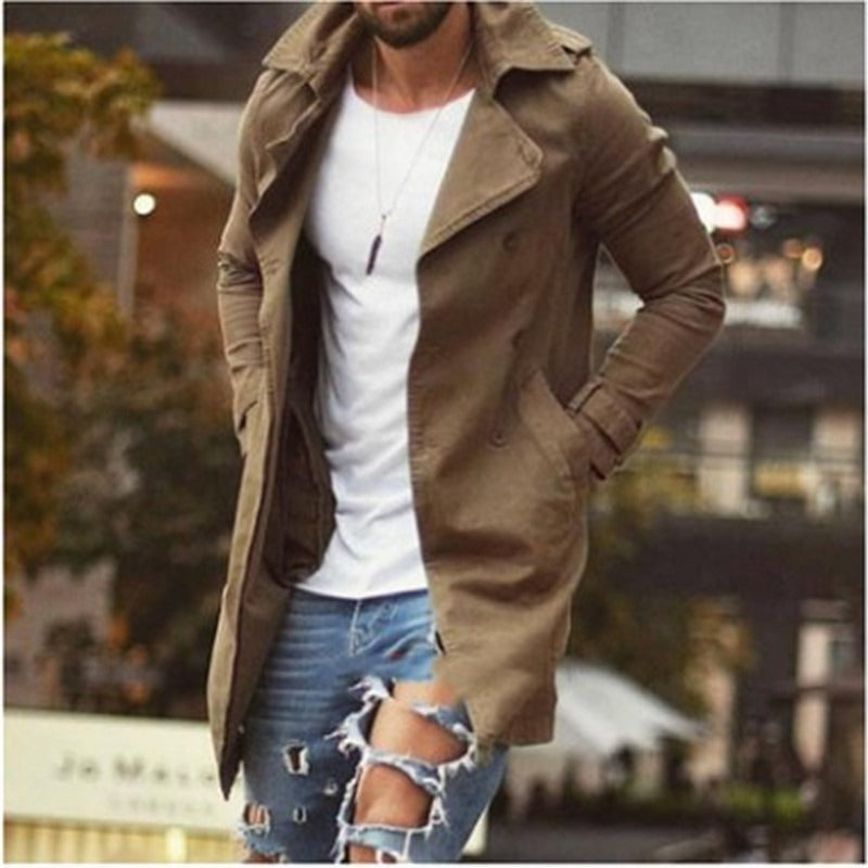 Men’s Mid-Length Coat – Slim Fit – Cotton Blend – Double-Breasted Notched Lapel