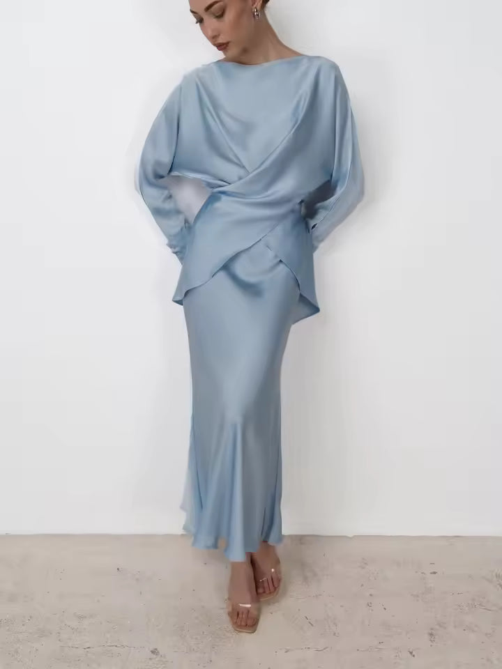 Women’s Skirt Set – Draped Long Sleeve Top – Midi Straight Skirt