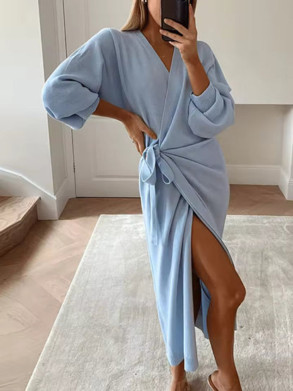 Women’s Long Cardigan – V-Neck – Lace-Up Waist – Side Split