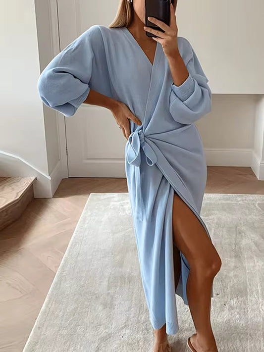 Women’s Long Cardigan – V-Neck – Lace-Up Waist – Side Split