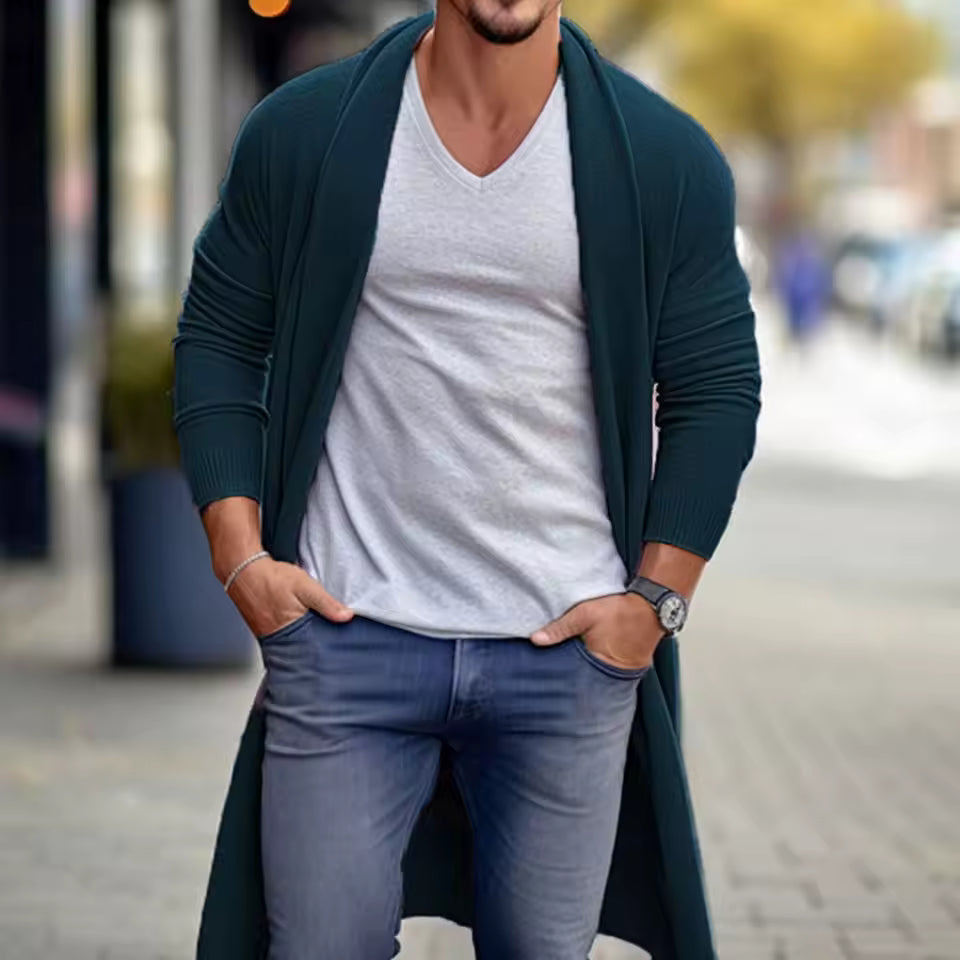 Men’s Long Cardigan – Loose Fit – Lightweight Knit – Open Front – Ribbed Cuffs