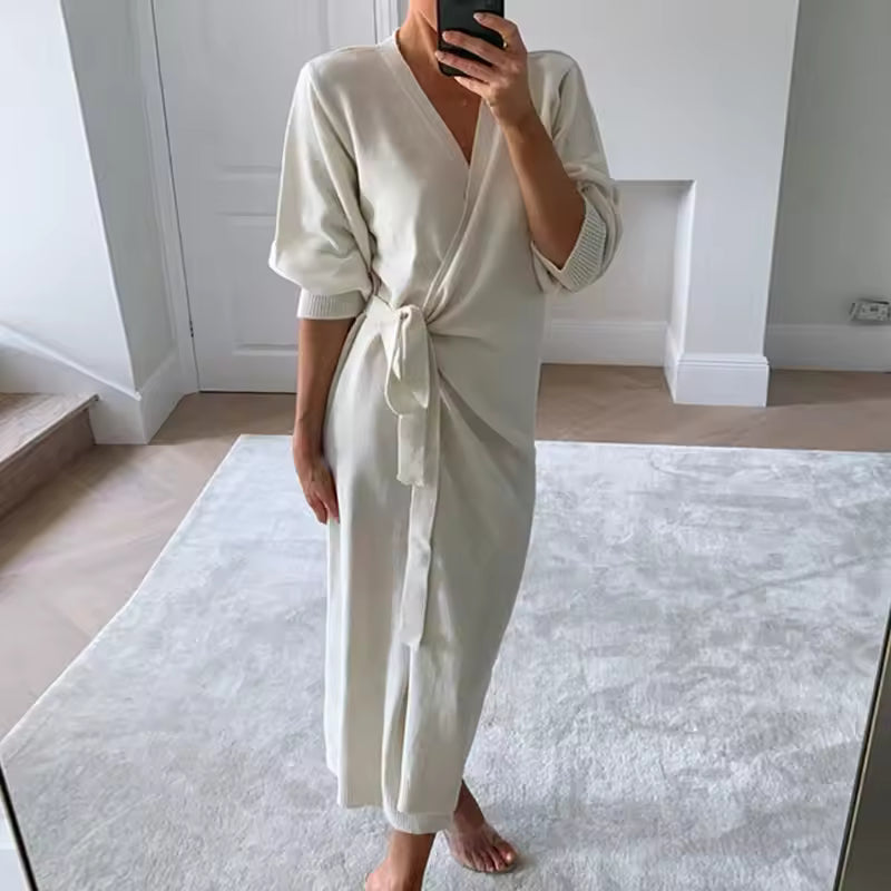 Women’s Long Cardigan – V-Neck – Lace-Up Waist – Side Split