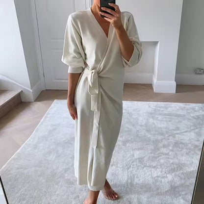 Women’s Long Cardigan – V-Neck – Lace-Up Waist – Side Split