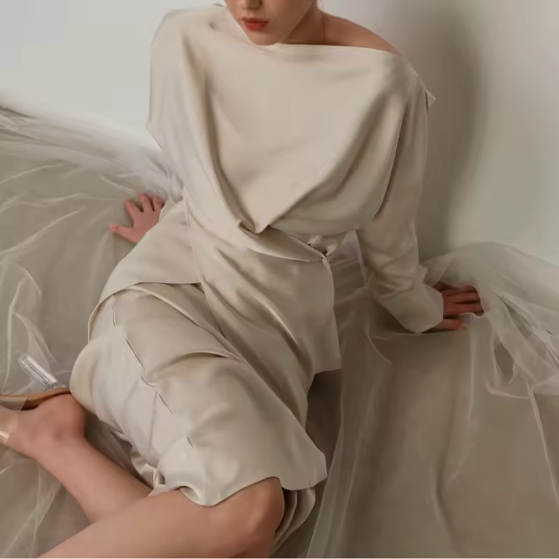 Women’s Skirt Set – Draped Long Sleeve Top – Midi Straight Skirt