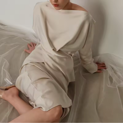 Women’s Skirt Set – Draped Long Sleeve Top – Midi Straight Skirt