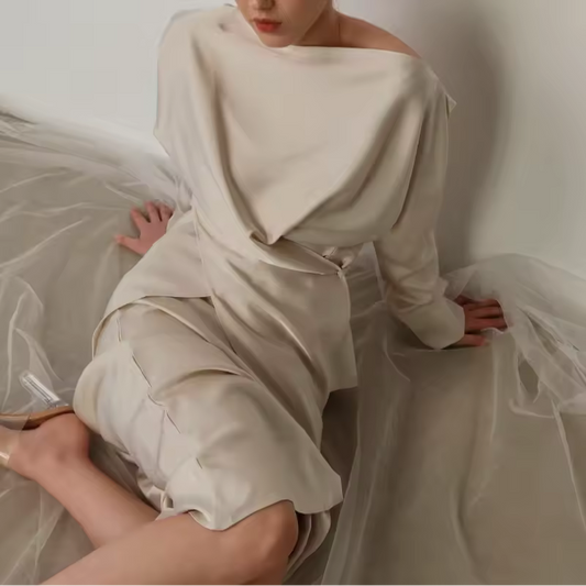 Women’s Skirt Set – Draped Long Sleeve Top – Midi Straight Skirt