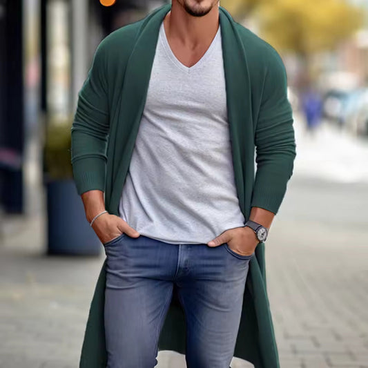 Men’s Long Cardigan – Loose Fit – Lightweight Knit – Open Front – Ribbed Cuffs