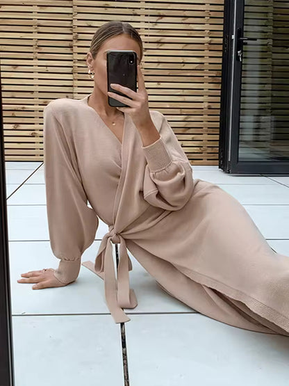 Women’s Long Cardigan – V-Neck – Lace-Up Waist – Side Split