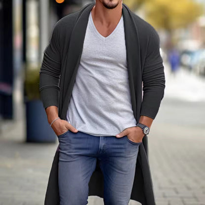 Men’s Long Cardigan – Loose Fit – Lightweight Knit – Open Front – Ribbed Cuffs
