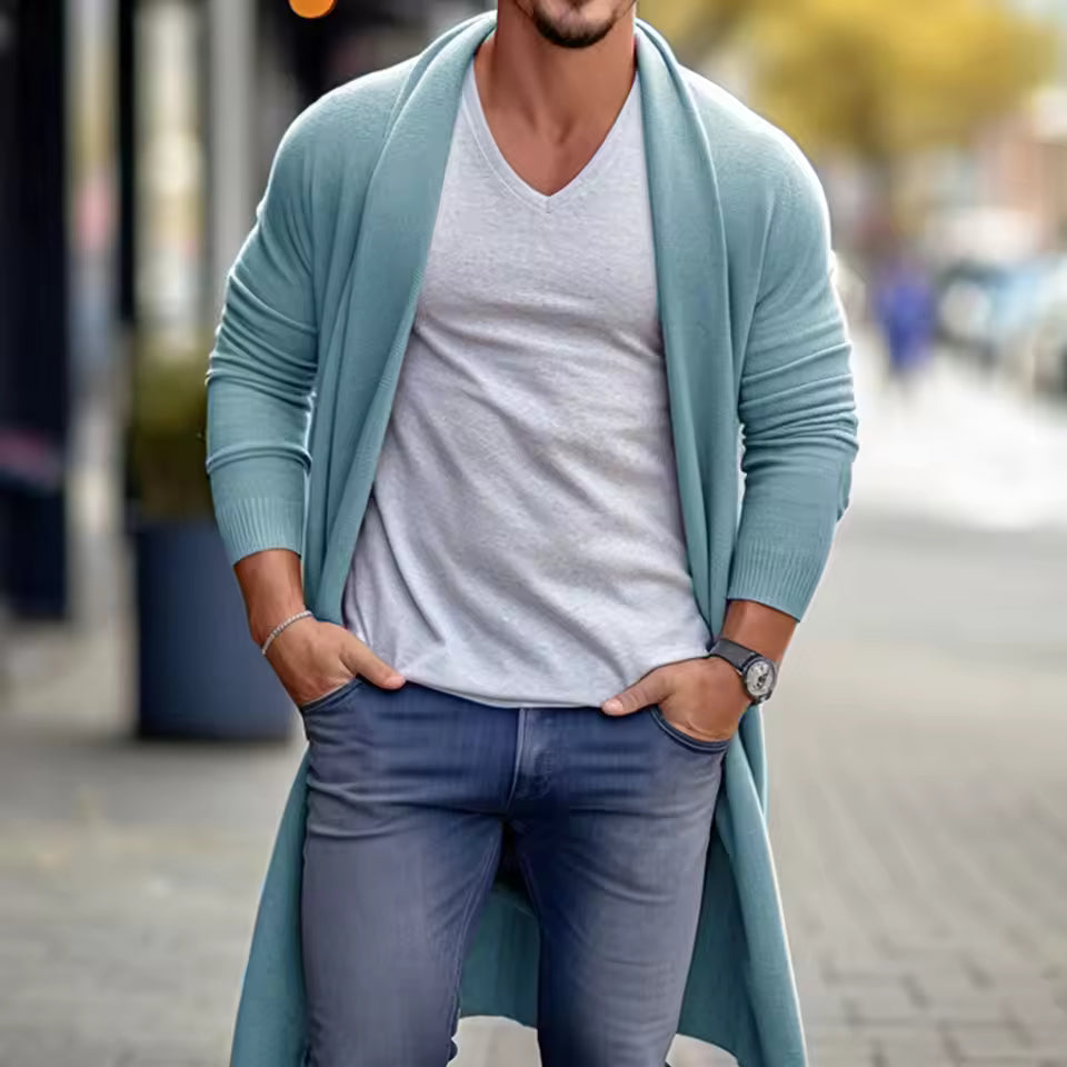 Men’s Long Cardigan – Loose Fit – Lightweight Knit – Open Front – Ribbed Cuffs