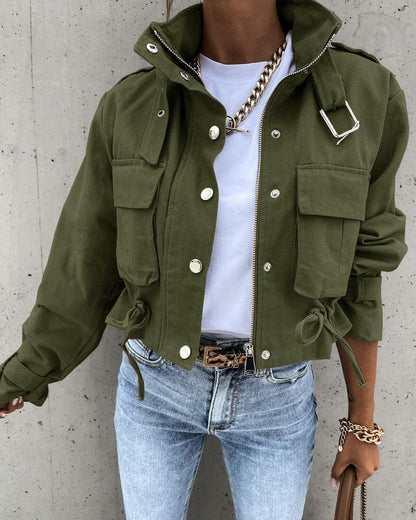 Women’s Cropped Jacket – Cotton Blend – Drawstring Waist – Flap Pockets – Epaulettes