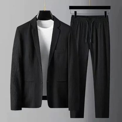 Men’s Suit Set – Tailored Jacket and Slim Leg Pants – Textured Stretch Fabric