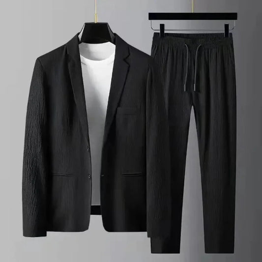 Men’s Suit Set – Tailored Jacket and Slim Leg Pants – Textured Stretch Fabric