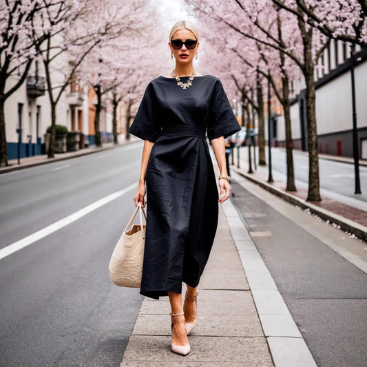 Women’s Wrap Dress – Tailored Fit – Midi Length – Broad Sleeve – Cotton Blend