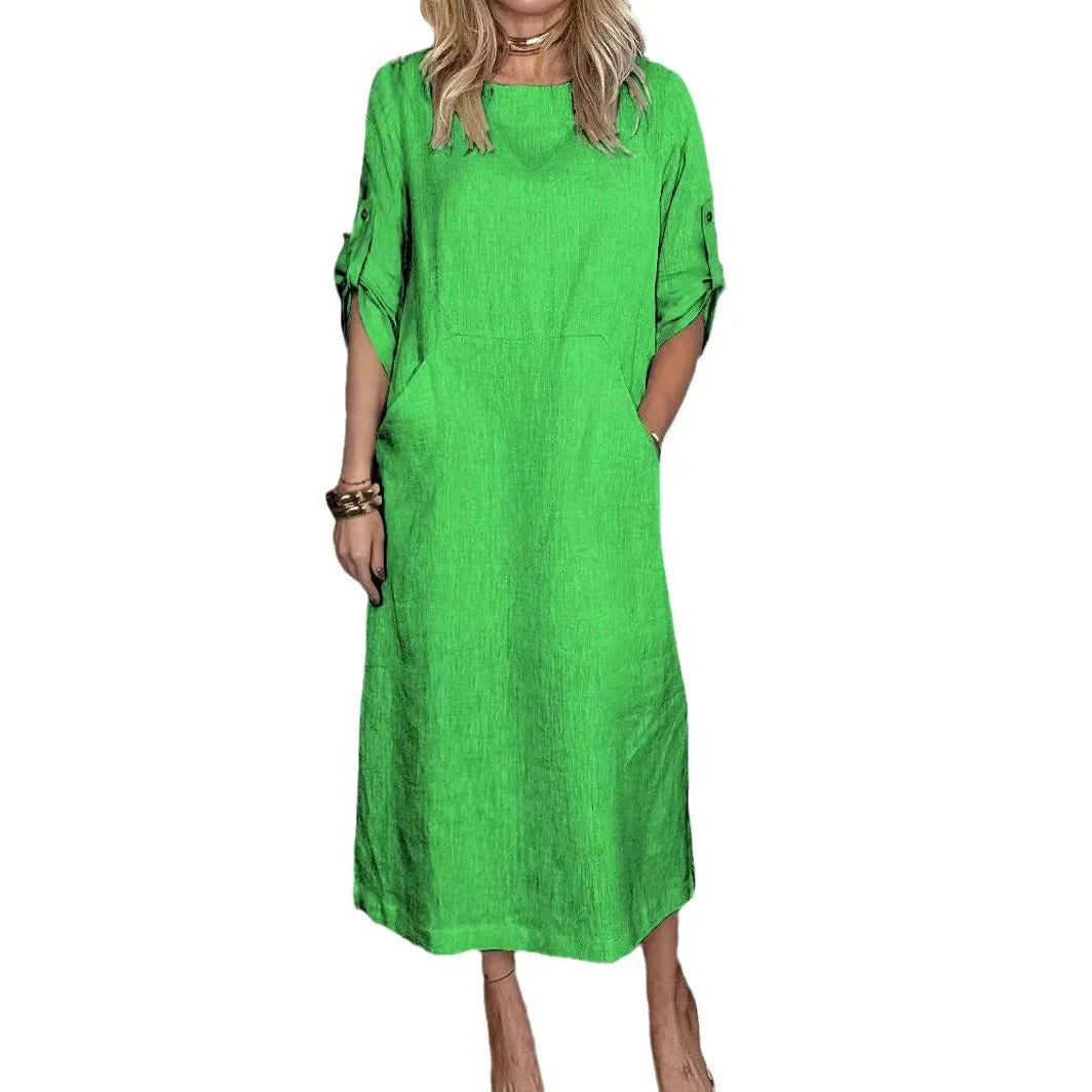 Women’s Midi Dress – Relaxed Fit – Long Sleeve Cotton – Side Pockets – Casual Style