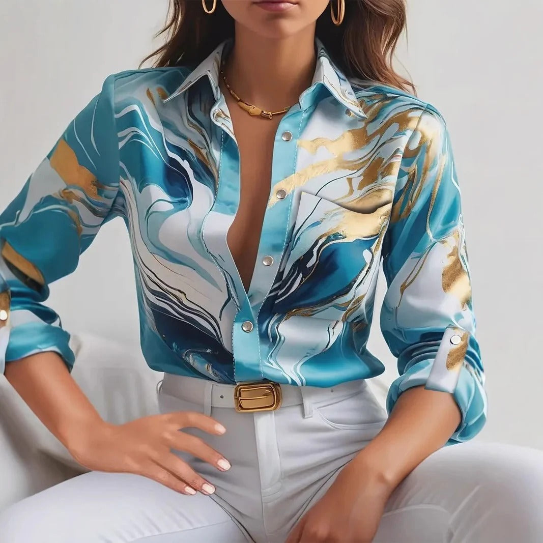 Women’s Blouse – Tailored Fit – Button-Up – Silk – Abstract Marble Print