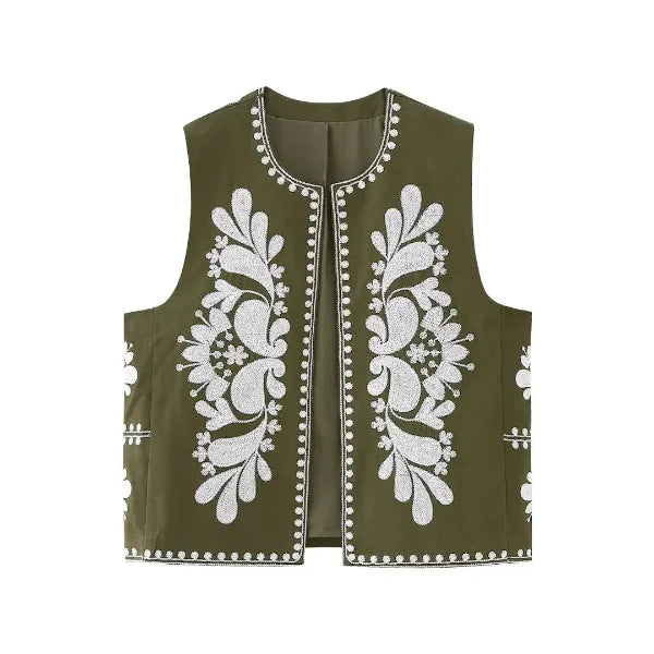 Women’s Sleeveless Vest – Tailored Fit – Woven Fabric – Floral Embroidered Trim
