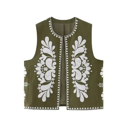 Women’s Sleeveless Vest – Tailored Fit – Woven Fabric – Floral Embroidered Trim