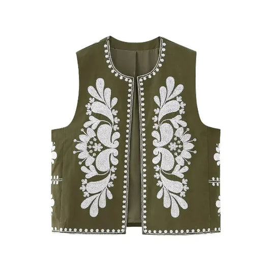 Women’s Sleeveless Vest – Tailored Fit – Woven Fabric – Floral Embroidered Trim