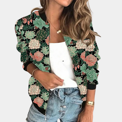 Women’s Bomber Jacket – Relaxed Fit – Ribbed Trim – Floral Print