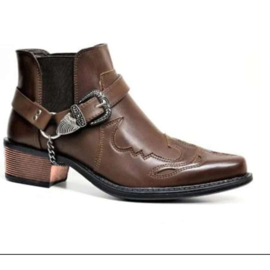 Men’s Cowboy Boots – Leather Slip-On – Ankle High – Harness Strap – Pointed Toe