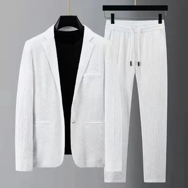 Men’s Suit Set – Tailored Jacket and Slim Leg Pants – Textured Stretch Fabric