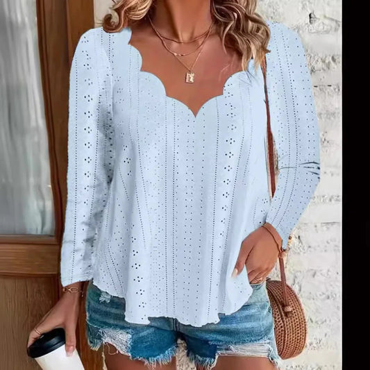 Women's Blouse - Cotton - Relaxed Flowing Silhouette - Scalloped Neckline