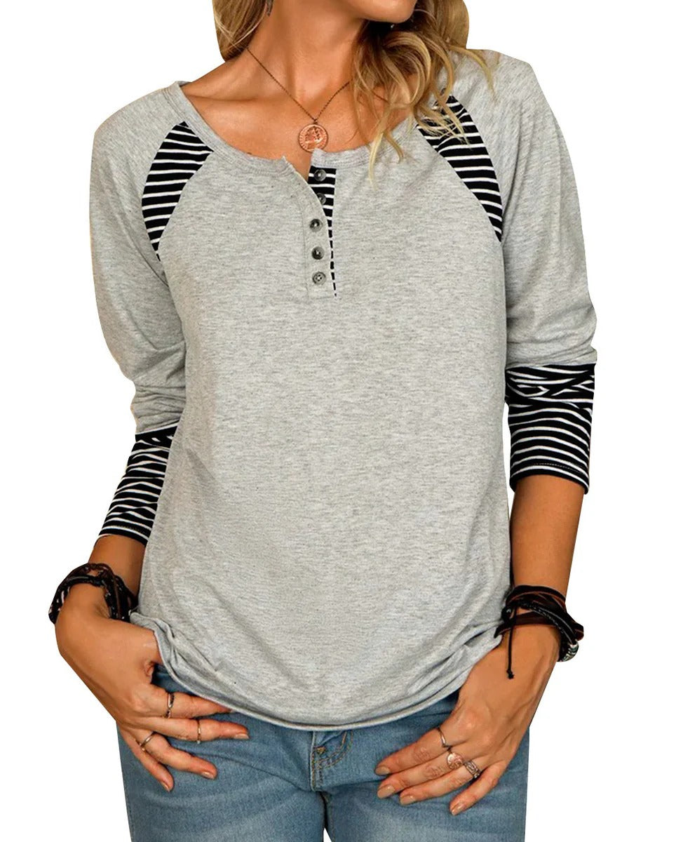 Women’s Long Sleeve Shirt – Relaxed Fit – Cotton Blend – Striped Raglan Sleeves