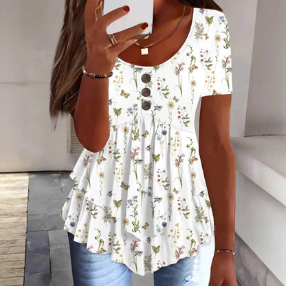 Women’s Blouse – Relaxed Fit – Cotton Blend – Ruffle Hem – Button Front – Floral Print