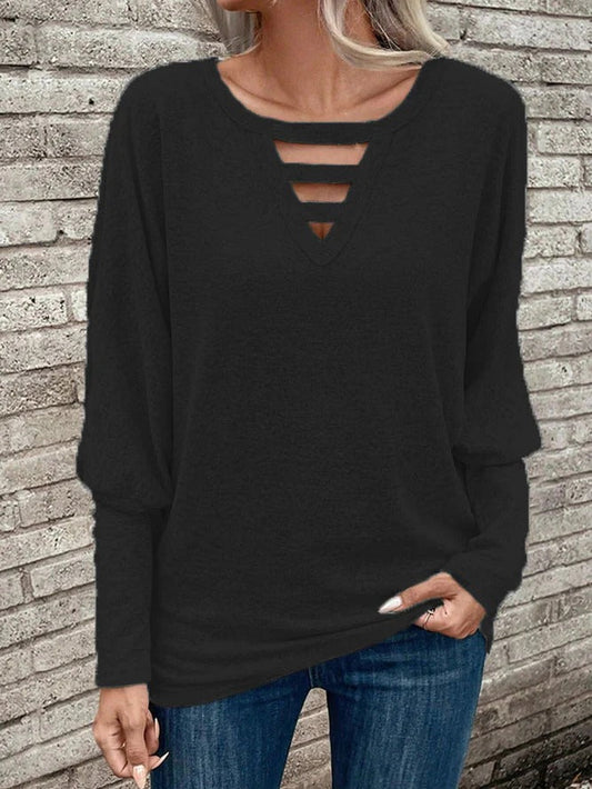 Women’s Long-Sleeve Top – Relaxed Fit – V-Neck with Cut-Out Detail