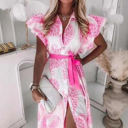 Women’s Shirt Dress – Silk – Chain Pattern – Belted Midi Fit – Voluminous Sleeves
