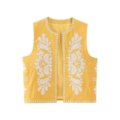 Women’s Sleeveless Vest – Tailored Fit – Woven Fabric – Floral Embroidered Trim