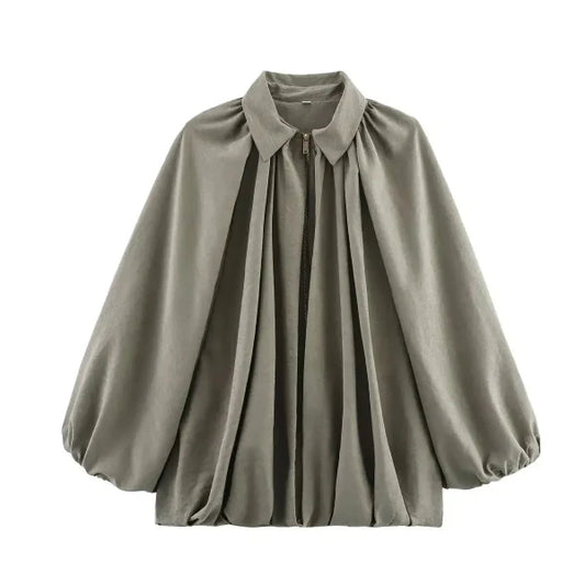 Women’s Bomber Jacket – Loose Fit – Puff Sleeves – Pleated Detail – Zip Front