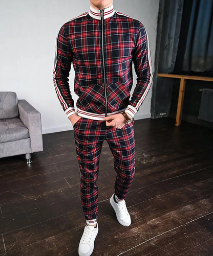 Men’s Tracksuit Set – Slim Fit – Zip Jacket with Striped Sleeves – Tapered Pants