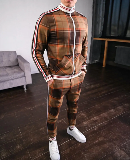 Men’s Tracksuit Set – Slim Fit – Zip Jacket with Striped Sleeves – Tapered Pants