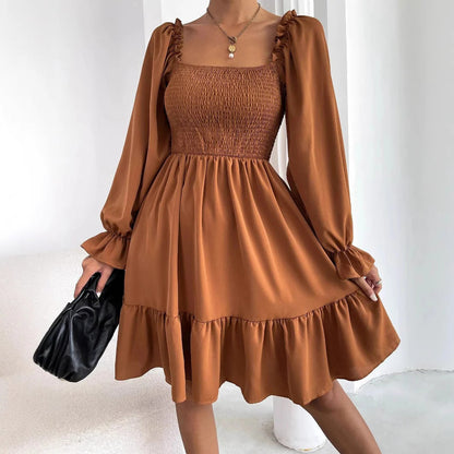 Women’s Mini Dress - Smooth Fabric - Square Neck - Puff Long Sleeves - Smocked Bodice