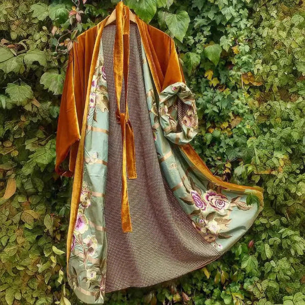 Women’s Cardigan Robe – Satin Finish – Relaxed Fit – Tie Waist – Full Length – Floral Lined