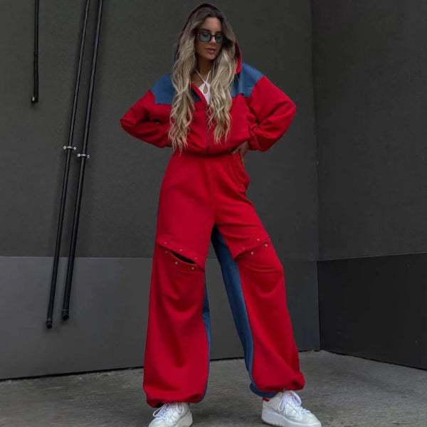 Women’s Loungewear Set – Cropped Hoodie – Wide Leg Pants – Cotton Blend – Relaxed Fit