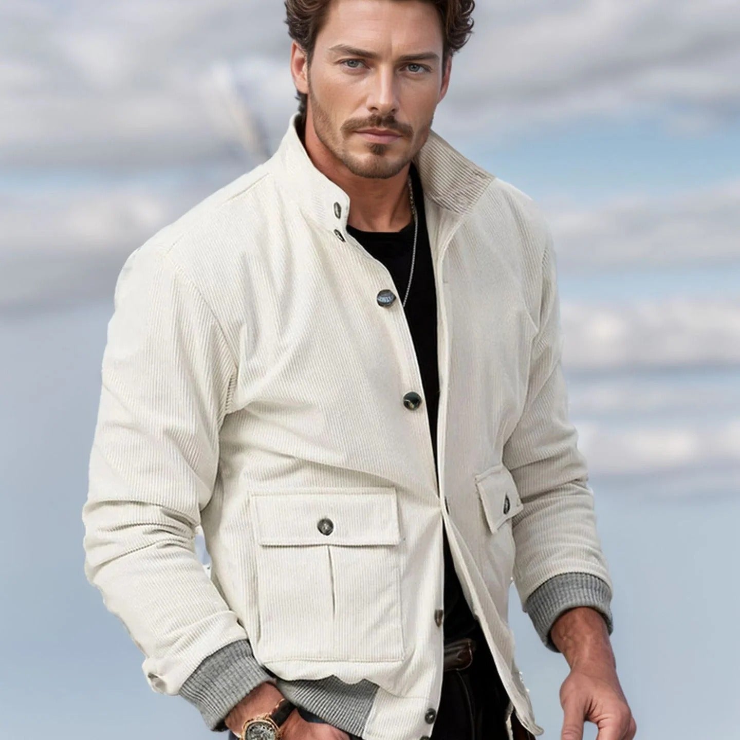 Men’s Corduroy Jacket – Regular Fit – Stand Collar – Button Front – Ribbed Cuffs